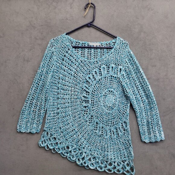 Macy's NY Collection Teal‎ See Through Open Knit Sweater Size Large - Picture 1 of 5